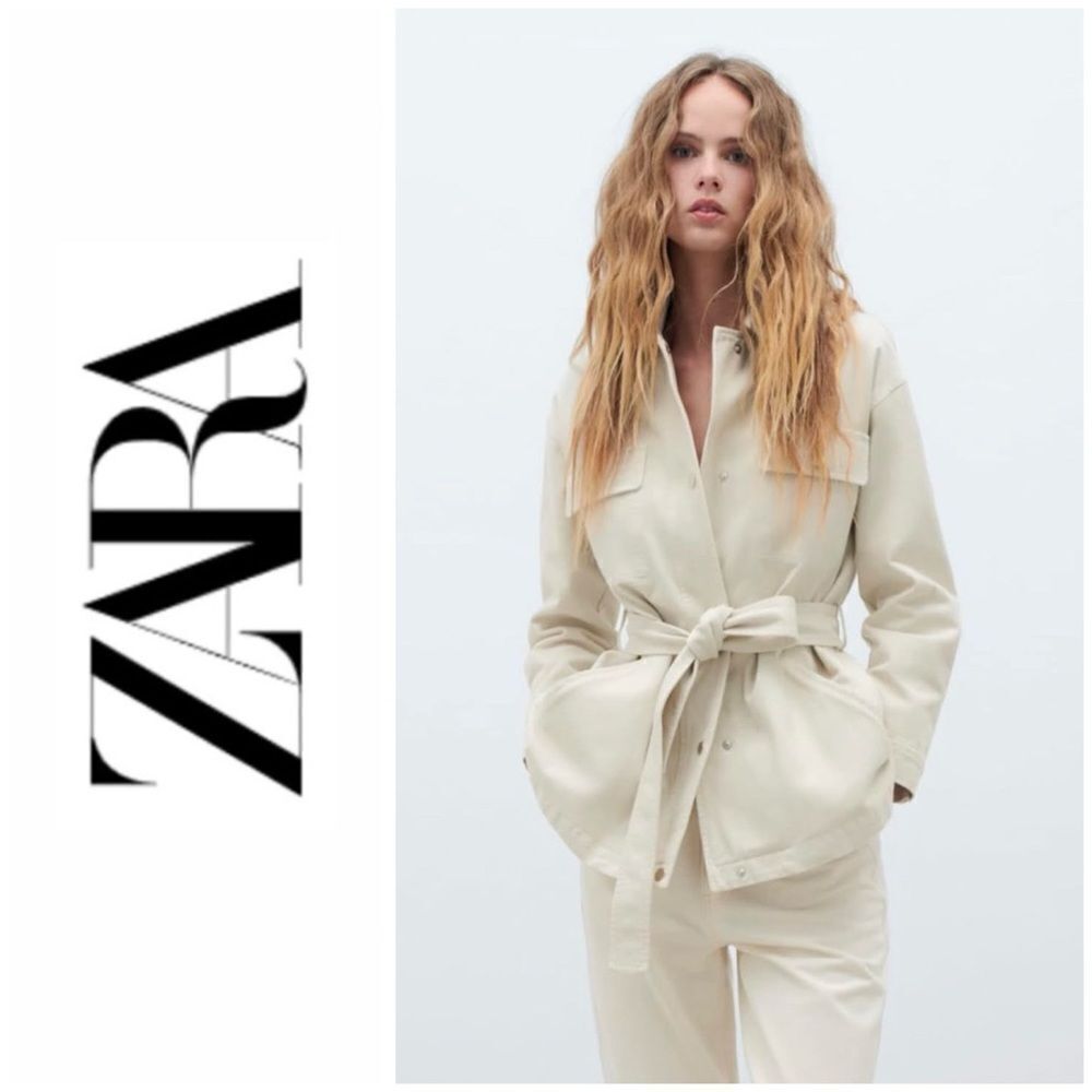 NWOT Zara Denim Jacket with Belt in Ice Color, Size Medium